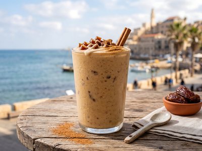 Tahini Date Shake on Seaside Wooden Dock - stock photo