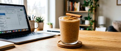 Tahini Date Shake on Wooden Desk at Home - stock photo