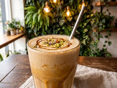 Tahini Date Shake Topped with Pistachios - stock photo