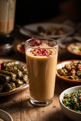 Tahini Date Shake Topped with Pomegranate - stock photo