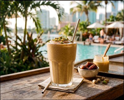 Tahini Date Shake Poolside at Resort - stock photo