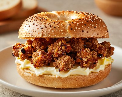 Goetta Sandwich on Sesame Bagel - stock photo