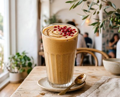 Tahini Date Shake with Pomegranate in Caf? - stock photo