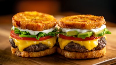 Jibarito Burger with Crispy Plantain Buns and Fresh Toppings - stock photo