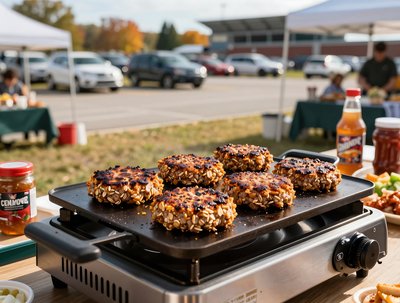 Goetta Sizzling on Griddle at Tailgate Party - stock photo