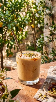 Tahini Date Shake with Pistachios, Mediterranean Setting - stock photo