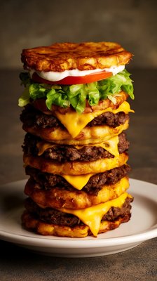 Jibarito Burger Stacked with Crispy Fried Plantain Buns and Toppings - stock photo