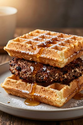 Goetta Waffle Sandwich with Maple Syrup - stock photo