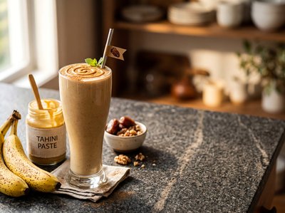 Tahini Date Shake with Banana and Nuts - stock photo