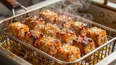 Golden Goetta Balls Frying in Hot Oil, Traditional Cincinnati Street Food - stock photo
