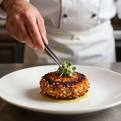 Gourmet Goetta Patty with Sesame Crust Plated - stock photo