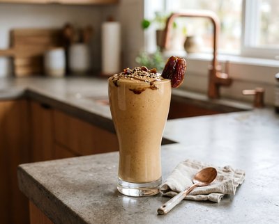 Tahini Date Shake with Granola in Modern Kitchen - stock photo