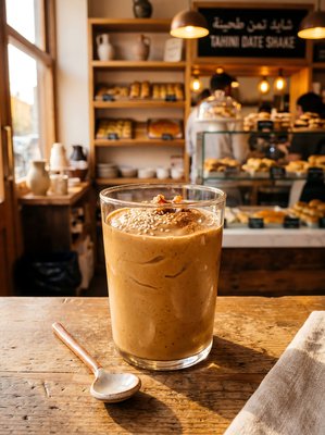 Creamy Tahini Date Shake in Modern Caf? - stock photo