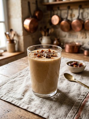 Tahini Date Shake with Nuts on Rustic Table - stock photo