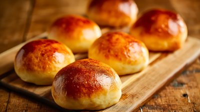 Golden Bierocks Fresh Baked Pastries on Wooden Serving Board - stock photo