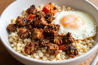 Goetta with Couscous and Fried Egg Bowl - stock photo