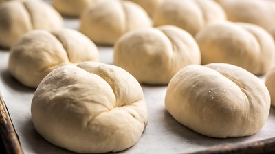 Bierocks Fresh from Oven, Golden Artisan Bread Rolls on Parchment - stock photo
