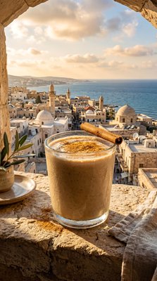 Tahini Date Shake Overlooking Mediterranean City - stock photo