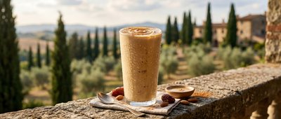 Tahini Date Shake on Stone, Tuscan View - stock photo