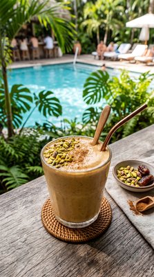 Tahini Date Shake by Pool with Pistachios - stock photo