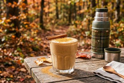 Tahini Date Shake Picnic in Autumn Forest - stock photo