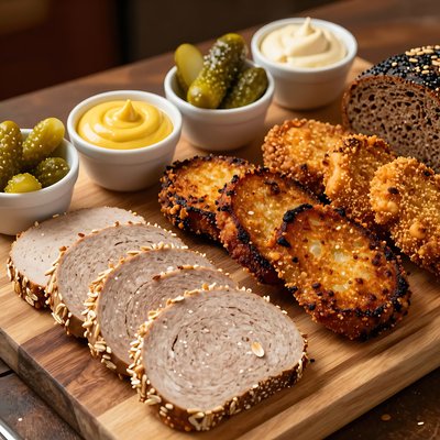 Goetta Slices with Pickles, Mayo and Rye Bread Charcuterie Board - stock photo