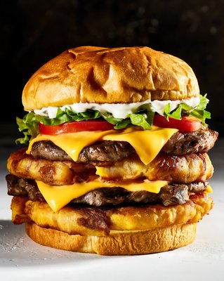 Jibarito Burger with Fried Plantain and Cheese - stock photo