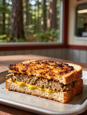 Livermush Sandwich on Seasoned Toast by Window - stock photo