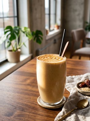 Tahini Date Shake with Latte Art in Caf? - stock photo