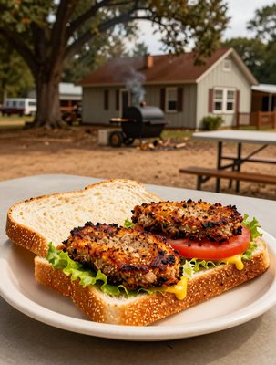 Livermush Sandwich on Sesame Buns with Farm Background - stock photo