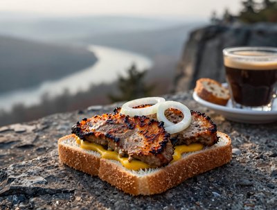 Grilled Livermush Sandwich with Onions, Scenic Overlook - stock photo