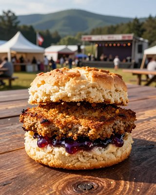 Golden Livermush Sandwich at Outdoor Festival - stock photo