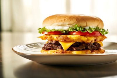 Crispy Jibarito Burger with Plantain Bun & Cheese - stock photo