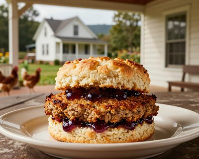 Golden Livermush Sandwich on Farmhouse Porch - stock photo