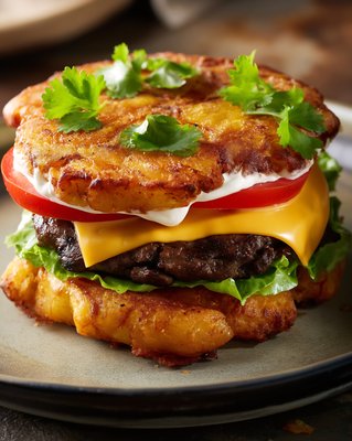 Gourmet Jibarito Burger with Crispy Fried Plantain Bun and Fresh Cilantro - stock photo