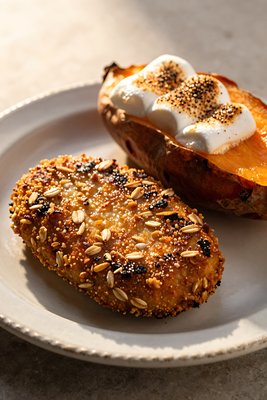Crispy Goetta with Sweet Potato and Whipped Topping - stock photo