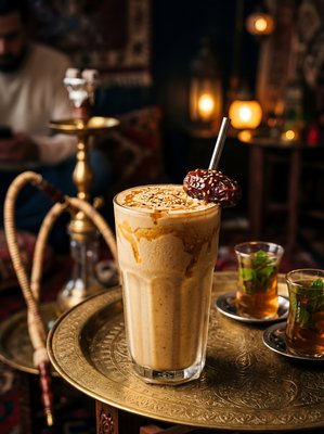 Tahini Date Shake with Chocolate Date Topper - stock photo