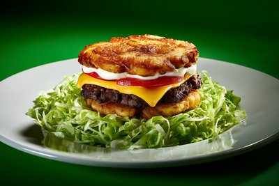 Jibarito Burger with Golden Fried Plantain Buns and Melted Cheese - stock photo