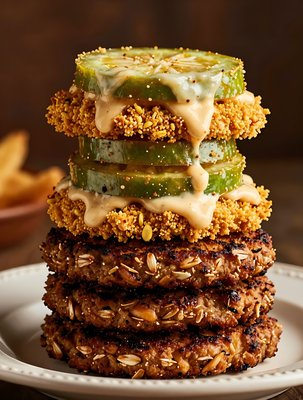 Goetta Stack with Cucumber & Creamy Sauce - stock photo