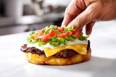 Gourmet Jibarito Burger with Plantain Bun, Melted Cheese and Fresh Toppings - stock photo
