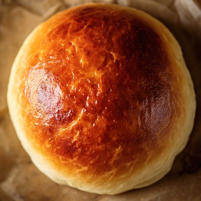 Freshly Baked Bierock Bread Roll with Golden Crust on Parchment - stock photo