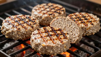 Goetta Slices Grilling with Sesame Crust - stock photo
