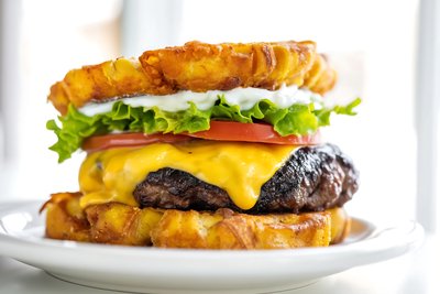 Jibarito Burger: Plantain Buns, Beef & Cheese - stock photo