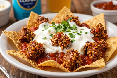 Goetta Nachos with Sour Cream and Salsa - stock photo