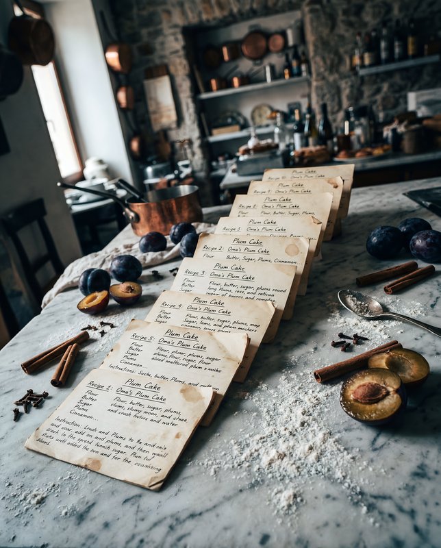 Recipes on a table in a rustic kitchen with fruits nearby Premium Stock Image - stock photo