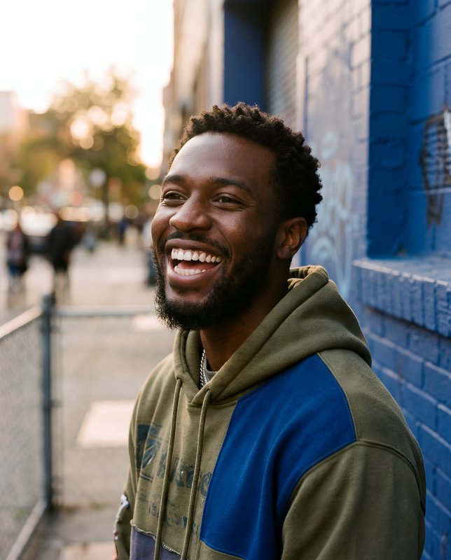Smiling man stands near blue wall in city street during sunset Premium Stock Photo - stock photo