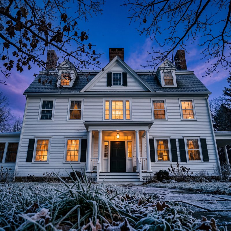 Snow covers the ground outside a lit house at dusk Premium Stock Image - stock photo