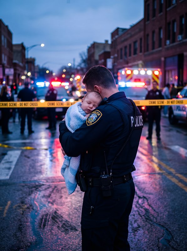 Police officer holds a baby at a crime scene in a city Premium Stock Photo - stock photo