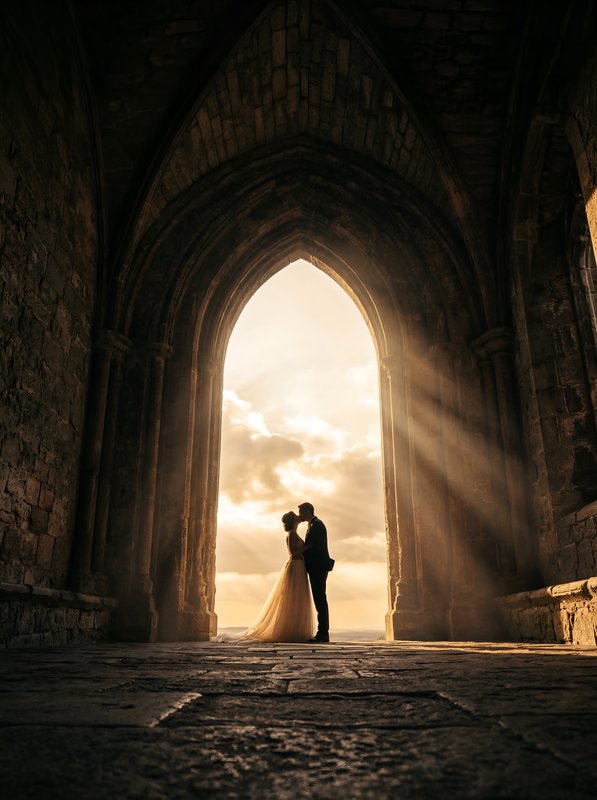 Couple stands in doorway during sunset at historic location Premium Stock Image - stock photo