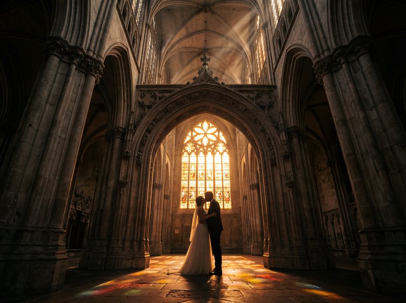 Couple shares a kiss inside historic cathedral during sunset Premium Stock Photo - stock photo